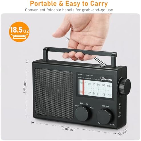 VERAVOXES Portable AM/FM Radio with Bass Control, Equipped with a Built-in high-Power Speaker, Headphone Jack, and AUX Audio Input, Battery or AC Power Operation (Black) - 2