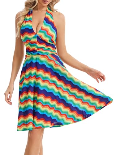 Image of Women's Festival Dress- Halter V Neck Sleeveless Ruffle Mini Dresses with Pocket