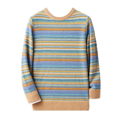 Men's 100Percent Merino Wool Pullover Sweater Retro Color Stripe O-Neck Knitwear Thick Long Sleeve Cashmere Jumper