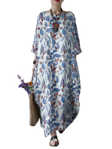 Image of Celmia Autumn Solid Loose Long Maxi Dress Cotton Caftan