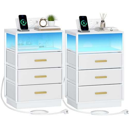 Hzuaneri Table de Chevet Lot de 2, Table de Nuit avec Multiprise, Tables d'Appoint avec 3 Tiroirs en Tissu et Compartiment Ouvert, 2 Prises CA, 2 Ports USB avec Bande LED, pour Chambre, Blanc NS63303W