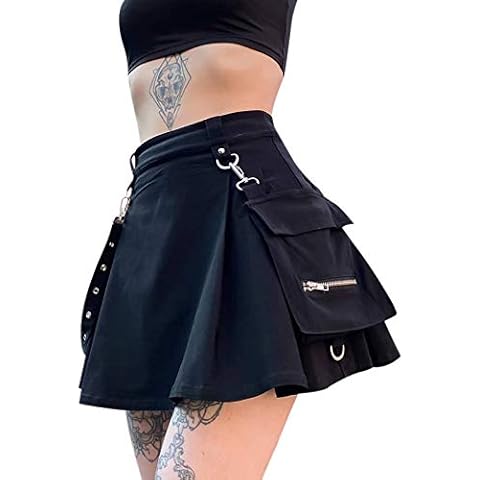 Women Harajuku Gothic Mini Skirts High Waisted Skirts Punk Dark Academia Aesthetic Short A-Line Flare Skirt Y2K Streetwear (Black, M) Cover