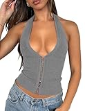 Fallorchid Womens Sleeveless Tank Tops Sexy Y2k Halter V Neck Ribbed Kint Crop Top Gray