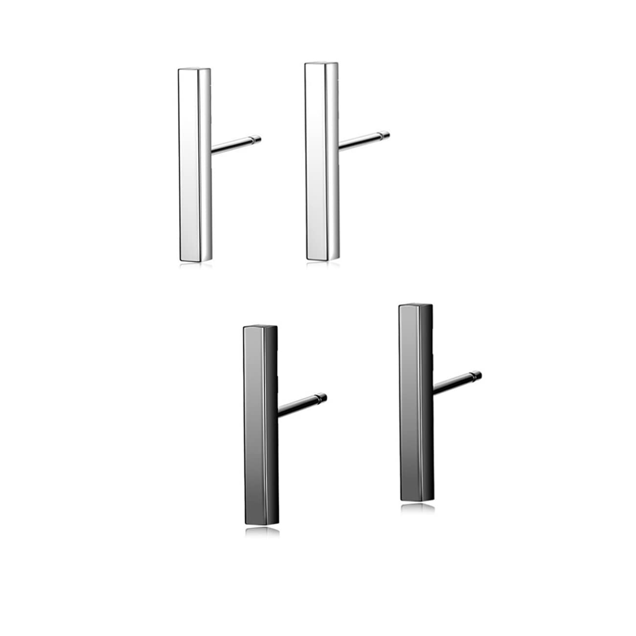 2 Pair Black Silver Minimalist Flat Bar Dainty Stud Earrings for Women Men Tiny Small Stud Earring Set (2 Pair Black Silver), Zinc-image-10