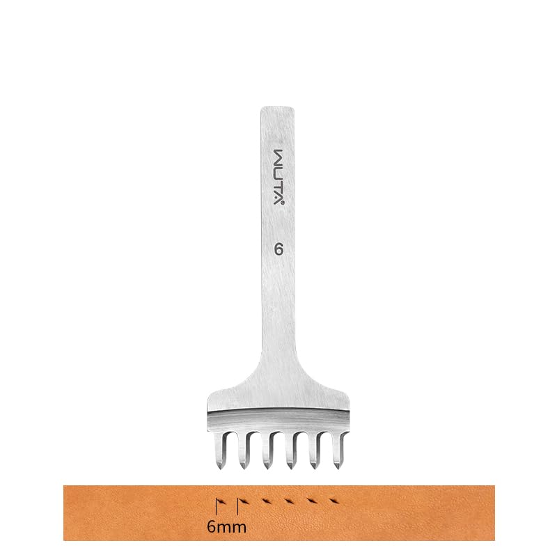 WUTA Leather Hole Punch Tool Pricking Iron Hole Punche 6mm 6 Prong Tooth Lacing Diamond Stitching Chisel Set for DIY Leather Craft Kits (Silver)