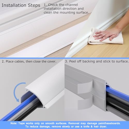 Image of ZhiYo 68in Corner Cable Hider, Floor Cord Cover for 3-5 Cords, White | Self-adhesives Wire Hider for Baseboard /Wall, 4 Pack (17 inch Each), Quarter Round Cable Management Raceway, 0.8in H x 1.8in W