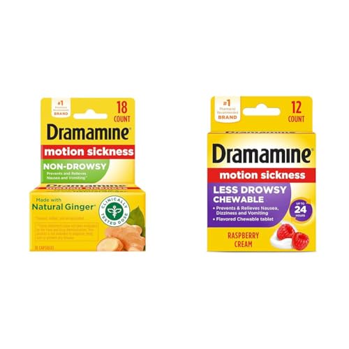 Image of Dramamine Motion Sickness Relief Ginger Capsules, 18 Count & Less Drowsy Chewable Tablets, Raspberry Cream, 12 Count