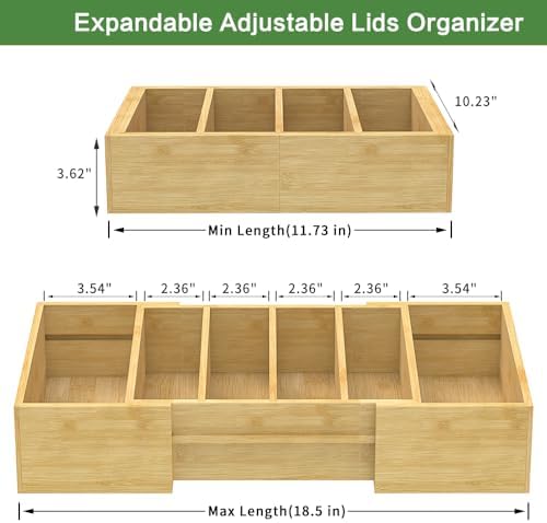 Retro Shaw Large Expandable Kitchen Lids Organizer for Cabinet, Covers, Pantry, Drawer & Countertop Storage, with 3 Adjustable Dividers, Hand-made Bamboo Food Container