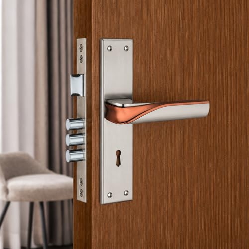 Image of Mortise Lock Set with Door Handle, Silver /Rose Gold Finish, 8 Inch, Complete Lock Set with 3 Keys and Screws, Model MH-1019KY, Two Years Warranty