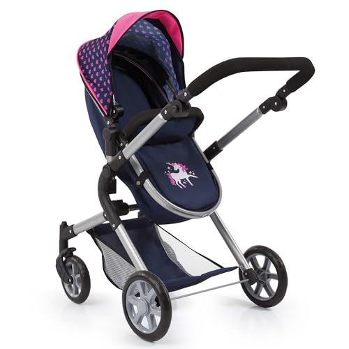 Bayer Design 18154AA City Neo Puppenwagen mit Wickeltasche und Einkaufskorb / umwandelbar in einen Sportwagen / höhenverstellbar / Design: Herzchen, Einhorn / dunkelblau, pink