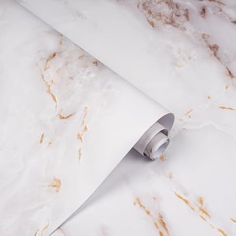 practicalWs Marble Contact Paper for Countertops Waterproof, 15.7in×118.1in Marble Wallpaper Peel and Stick, Self Adhesive Removable White/Gold Wall Paper for Kitchen Backsplash Cabinet Furnitur Cover