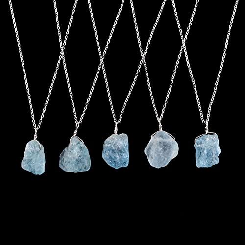 Odrilliongems Natural Raw Aquamarine Gemstone Pendant Necklace, Rough Stones And Crystals, 925 Sterling Silver, Rhodium Plated, March Birthstone, Women Jewelry, Christmas Gifts, Size 18" #TOP2