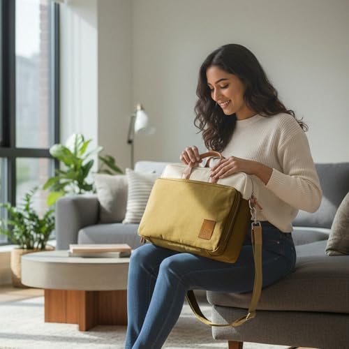 Image of DailyObjects 100% Cotton Canvas Commute Laptop Messenger Bag for Men & Women | Travel Shoulder Handbag With Trolley Sleeve | Metal Zip Closure | Leather Handles | Padded Laptop Compartment For 14 inch