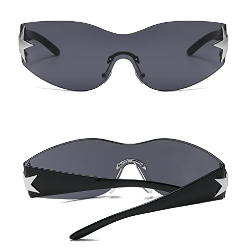 Image of Y2K Sunglasses for Women Men, 2000s Fashion Shield Wrap Around Y2K Glasses Rimless Oversized One Piece Lenses