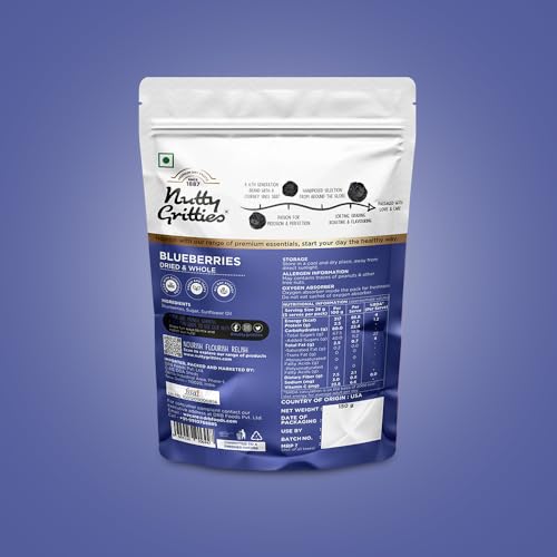 Image of Nutty Gritties Dried Blueberries 150g | Naturally Sweet & Tangy | Antioxidant-Rich Blueberry Snack | Healthy Snack for Kids & Adults | Resealable Pouch