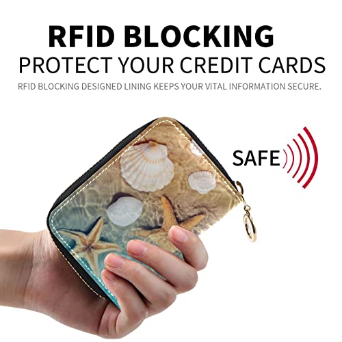 OTVEE Beach Starfish and Seashell RFID Credit Card Wallet, Microfiber Leather Zipper Card Case Holder for Women2