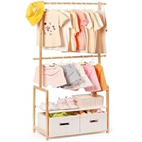 Relquorax Kids Clothing Rack Bamboo Wooden Clothing Garment Rack with 2 Shelves & 2 Storage Baskets & 2 Adjustable Hanging Rods, Free Standing Corner Dress Costume Rack for Small Place (Natural)
