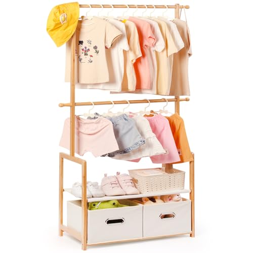 Relquorax Portant à vêtements en bambou pour enfants, avec 2 boîtes de rangement et 2 barres de suspension réglables, tringle à vêtements et étagère, pour...