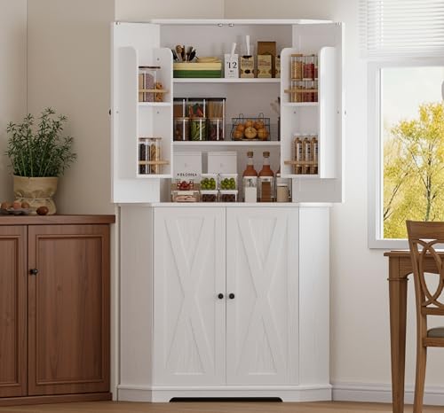 IRONCK Corner Cabinet, 72' H Kitchen Pantry Storage Cabinet, 4 Barn Doors with Storage Rack, 4 Adjustable Shelves, 6-Tier Tall Food Pantry Cabinet, Farmhouse Hutch for Kitchen Dining Room, White