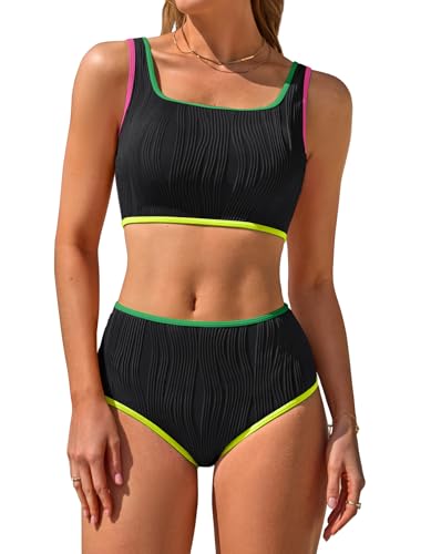 Charmo Black High Waisted Bikini Sets for Women Two Piece Color Block Bathing Suit Sporty Neon Swim Suit