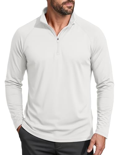 Men's UPF 50+ Sun Protective Quarter Zip Long Sleeve Outdoor Shirt for Hiking, Fishing - White