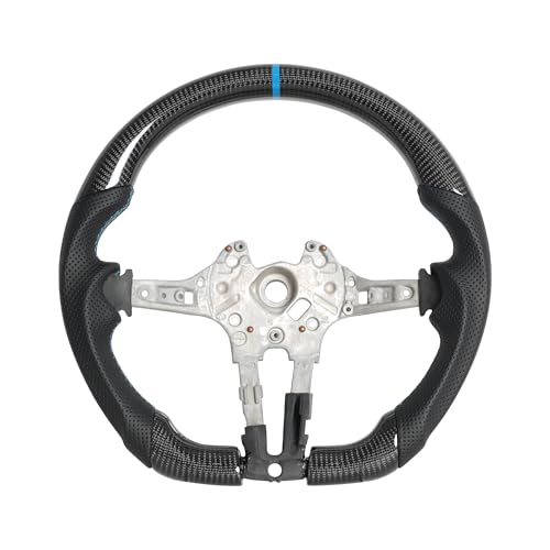 Carbon Fiber Steering Wheel for BMW 14-17 M5 F10 F12 F13 F30 F06 F07, Light Blue Stitching Light Blue Positioning Line D-Shaped Flat-Bottom with Nappa Perforated Leather