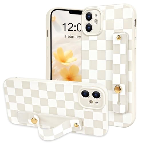 NITITOP Compatible with iPhone 11 Case with Wrist Strap Kickstand Cute Trendy Checkerboard Plaid for Women Girls Slim Fit TPU Silicone Shockproof Full Camera Protective Cover - White