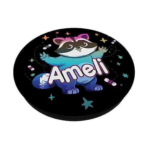 AMELI - Adorable girl name with a cool Raccoon PopSockets Swappable PopGrip, Black - Image 2
