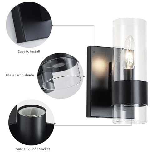 Image of WUZUPS Set of 2 1-Light Bathroom Wall Light Fixture Over Mirror Flat Class Shade Morden Vanity Scones for Bathroom Bedroom Living Room, E12 Base, Black