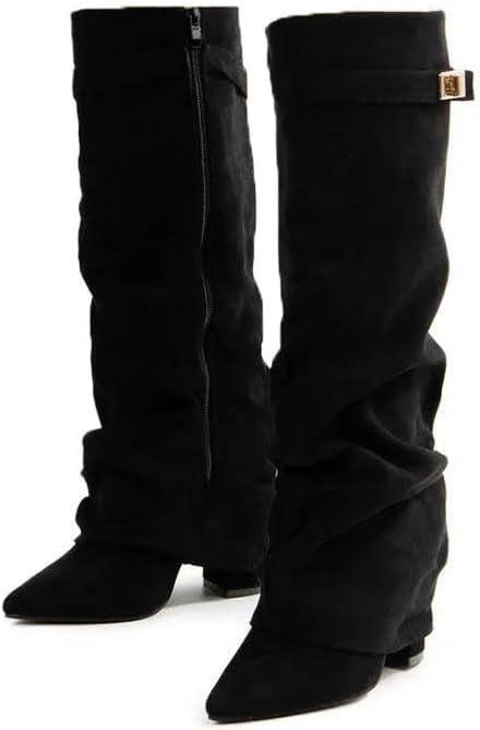Women Metal Buckle Knee High Boots Pointed Toe Solid Heel Long Fashion Elegant Shoes