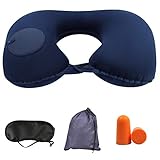 Neck Pillow Travel Pillow Inflatable, Compact Portable Neck Support Pillow for Airplane (Dark Blue)