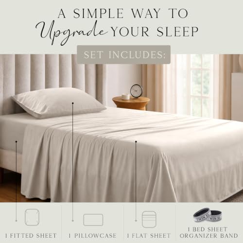 Image of KARISSA MAE Luxury Bamboo Viscose Twin XL Size Sheet Set | FSC Certified | Cooling | Ultra Soft | 18 inch Deep Pockets | Elastic Corner Straps | Includes Organizer Band [Dune]