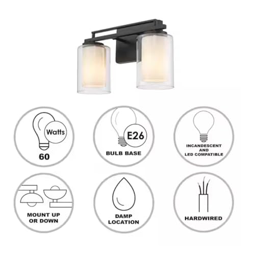 Image of TRANS GLOBE 22482 BN I Lisbon Collection 14 Inch Two-Light Bathroom Vanity - in a Brushed Nickel Finish | Metal Housing I Clear & Frosted Shades I Modern Contemporary Light Fixture |