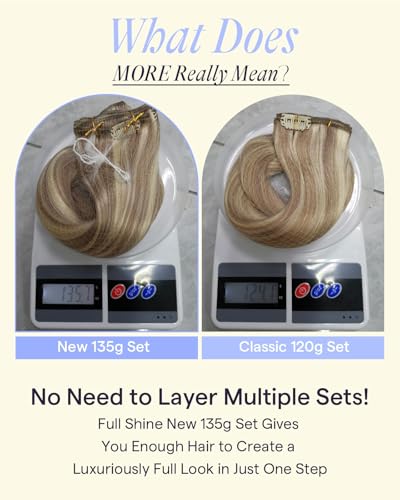 Image of Full Shine Clip in Hair Extensions Real Human Hair, 16 Inch 135g 7Pcs | Thick Hair Extensions for Women, Ash Blonde Highlighted Bleach Blonde Straight Remy Hair, Full Head Volume