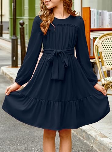 blibean Tween Girls Semi Formal Long Sleeve Dresses with Belt Size 6-15 Years2