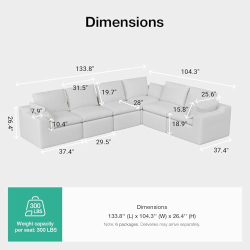 Image of Novilla 133.8 inch Modular Cloud Couch, Modern Sectional Sofa with Smarts Coil Support, Chenille Fabric, Upholstered Couch for Living Room Apartments Bedroom, No Assembly, 6 Seater, White