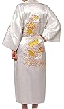 Chinese Men's Silk Satin Embroider Kimono Robe Gown Dragon (White, XXL)