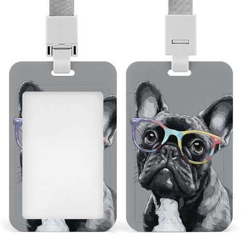 Soporte retráctil para tarjetas de identificación con diseño de bulldog gris con lentes coloridos, protector de tarjetas, placa de nombre, para trabajo, oficina, médico, enfermera