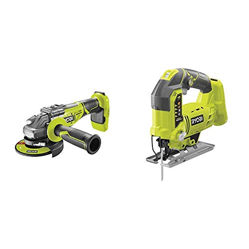 Meuleuse d'angle brushless Ryobi 18V OnePlus R18AG7-0 Norme & R18JS-0 ONE + Scie Sauteuse avec LED, 18 V (Corps Seulement) - Vert/Gris
