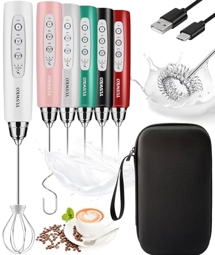 Image of YUSWKO Rechargeable Milk Frother Handheld Frother Wand Drink Mixer for Coffee, Electric Whisk 3 Speed Adjustable, Coffee Foamer Maker with 3 Stainless Whisks Ideal Stirrers for Travel - White