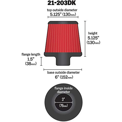 Aem 21-203Dk Universal Dryflow Clamp-On Air Filter: Round Tapered; 3 In (76 Mm) Flange Id; 5.125 In (130 Mm) Height; 6 In (152 Mm) Base; 5.125 In (130 Mm) Top, Red #TOP1