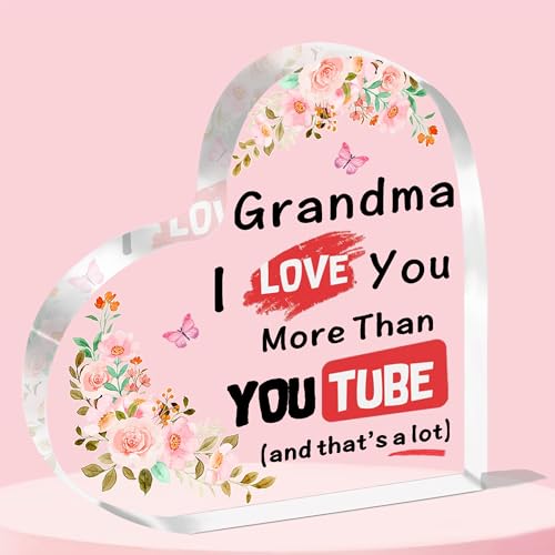Image of JETTOP Grandma Gifts-Gifts for Grandma Birthday Christmas Mothers Day Gift Heart Acrylic Plaque Grandma I Love You More Than YouTube
