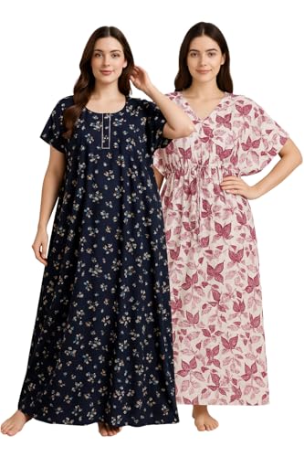 Image of Bahumaan Nighty for Women Cotton Combo Pack of 2 | Free Size Gown for Women Cotton with Side Pocket | Nighties for Women Pure Cotton Combo Stylish | Maxi Sleepwear