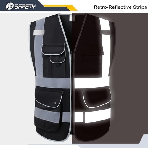 Image of JKSafety 9 Pockets High Visibility Safety Vest for Men and Women, Hi-Vis Reflective Black Safety Vests with Zipper Front, Meet ANSI /ISEA Standards(159-Black L)