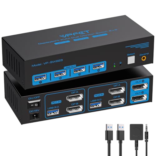 8K Displayport KVM Switch 2 Monitors 2 Computers Display Port 4K@120Hz USB3.0 Dual Monitor KVM Switches for 2 PC Share 2 Screens and 1 Set of Keyboard Mouse Printer and U Disk with 2 USB Cables