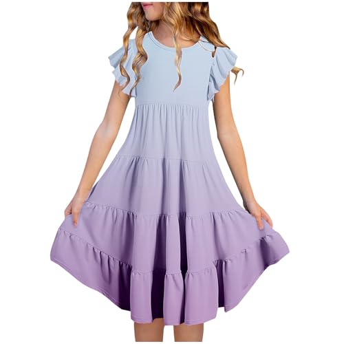 Cute Girls Summer Boho Sun Dress Tween Gradient Print Trendy Fashion Ruffles Sleeve Tiered Pleated Swing Dresses Purple