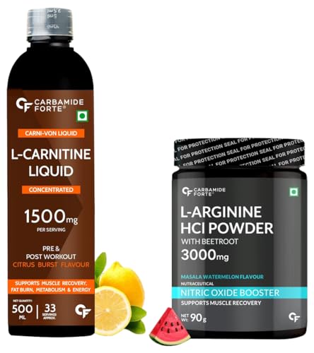 Image of Carbamide Forte L-Carnitine Concentrated Liquid with 1500mg Per Serving- 33 Servings -500ml & Carbamide Forte L Arginine Powder with Beetroot 3000mg - Masala Watermelon Flavour - 90g