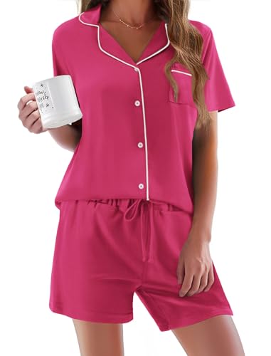 Image of Ekouaer Pajamas Set for Women Short Sleeve Sleepwear Button Down Pjs Soft 2 Piece Lounge Sets XS-XXXL