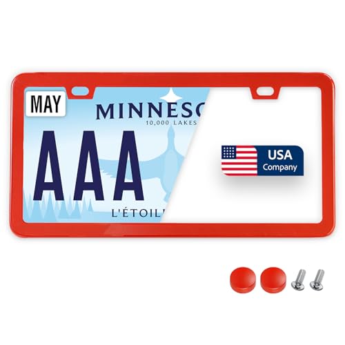 Image of Premium Slim Red License Plate Frame - 1 Piece, Rust-Free Stainless Steel & Rattle-Free, Street Legal, Universal with Screw Caps, Thin Edged Metal Front or Rear Car Tag Holder Unisex