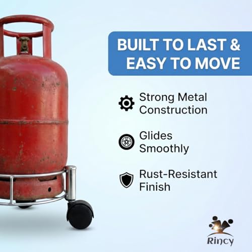 Image of Rincy Heavy Stainless Steel LPG Gas Cylinder Trolley - 4-Wheel Heavy-Duty Gas Stand for Kitchen Use (Heavy Gas Stand 1 Pc)